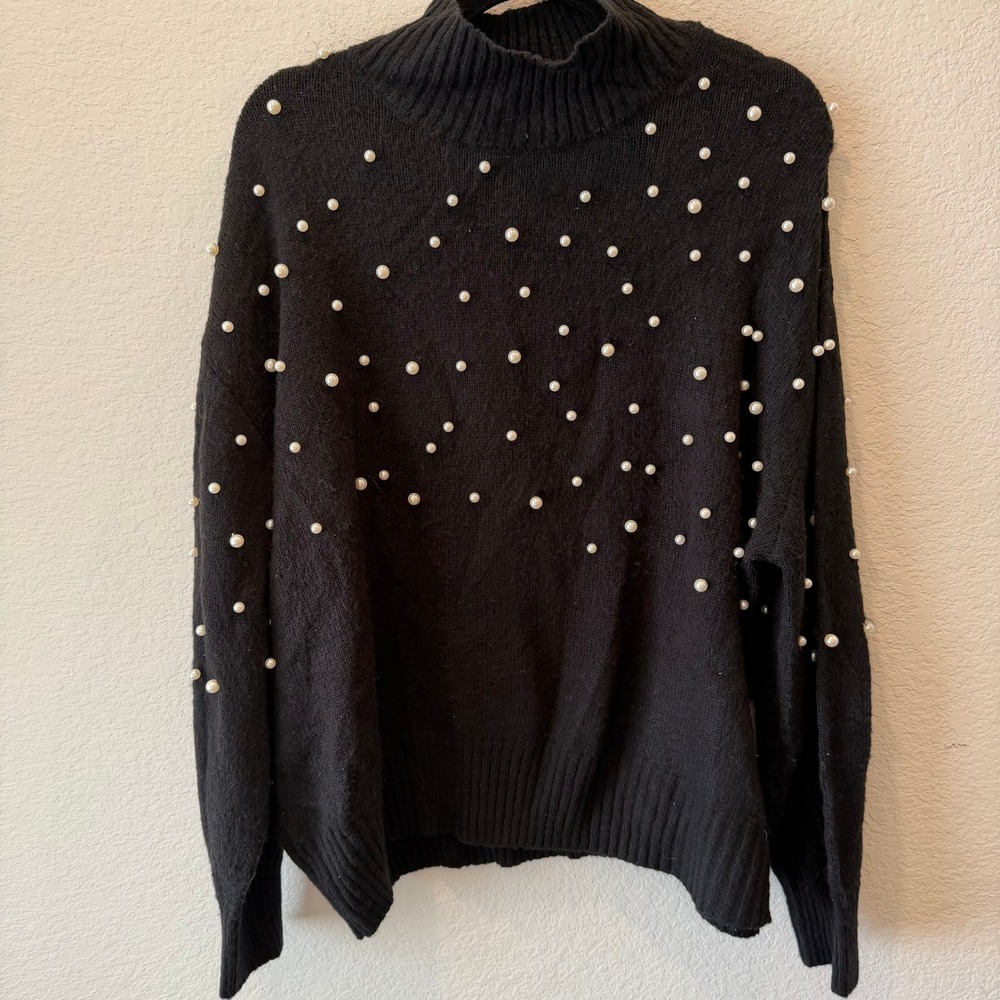 Eloquii Elements Womens Black Pearl Embellished Mock Neck Sweater Size 18/20
